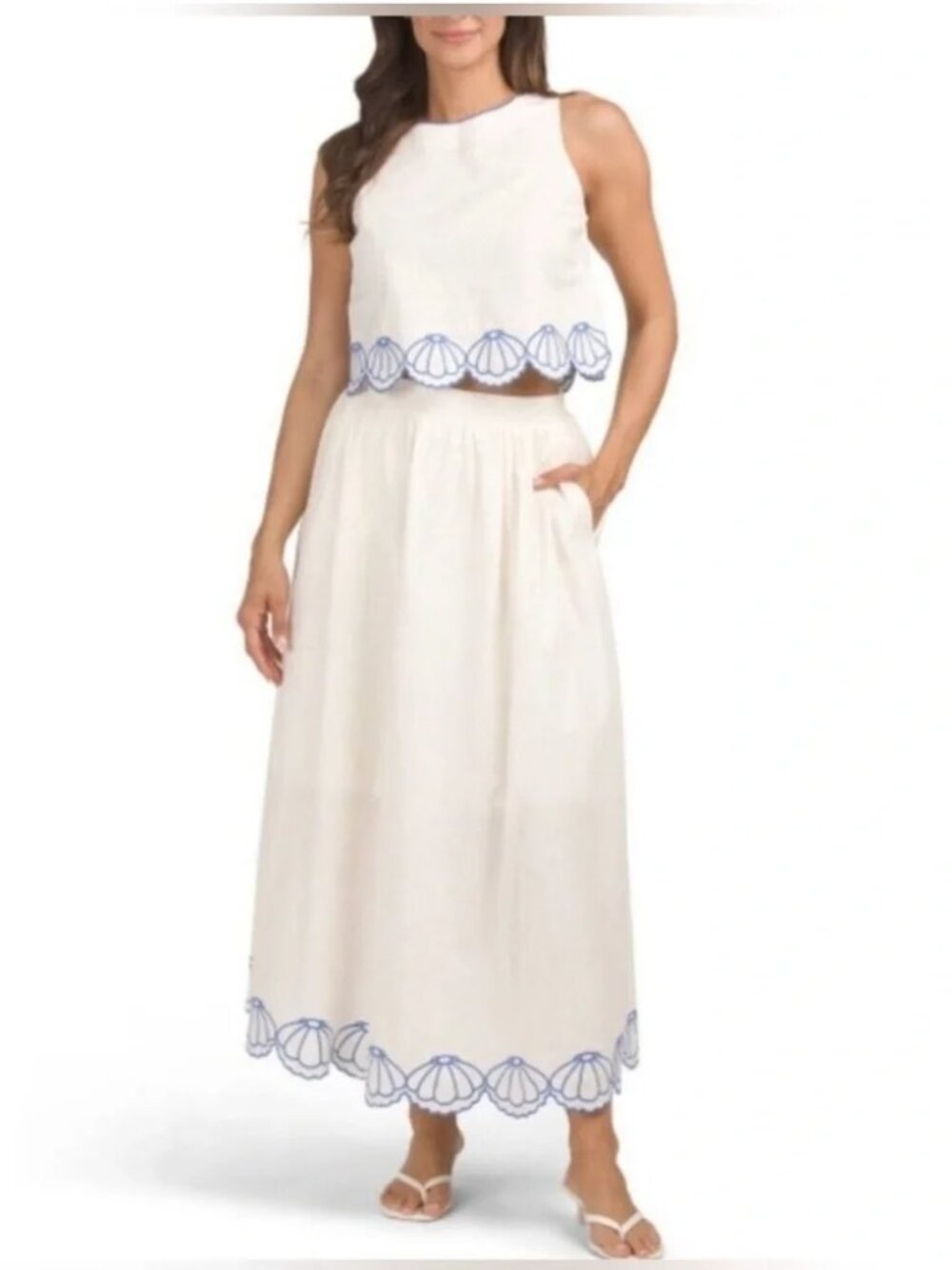 Calypso St. Barth White Skirt Set with Blue Embroidery Seashell Small NWT - Picture 2 of 10